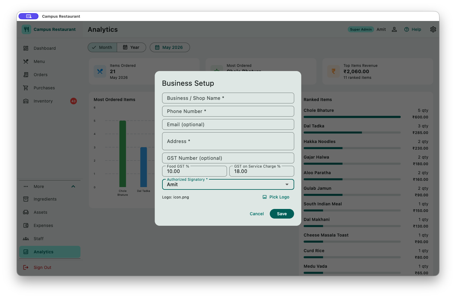 Settings and Business Setup