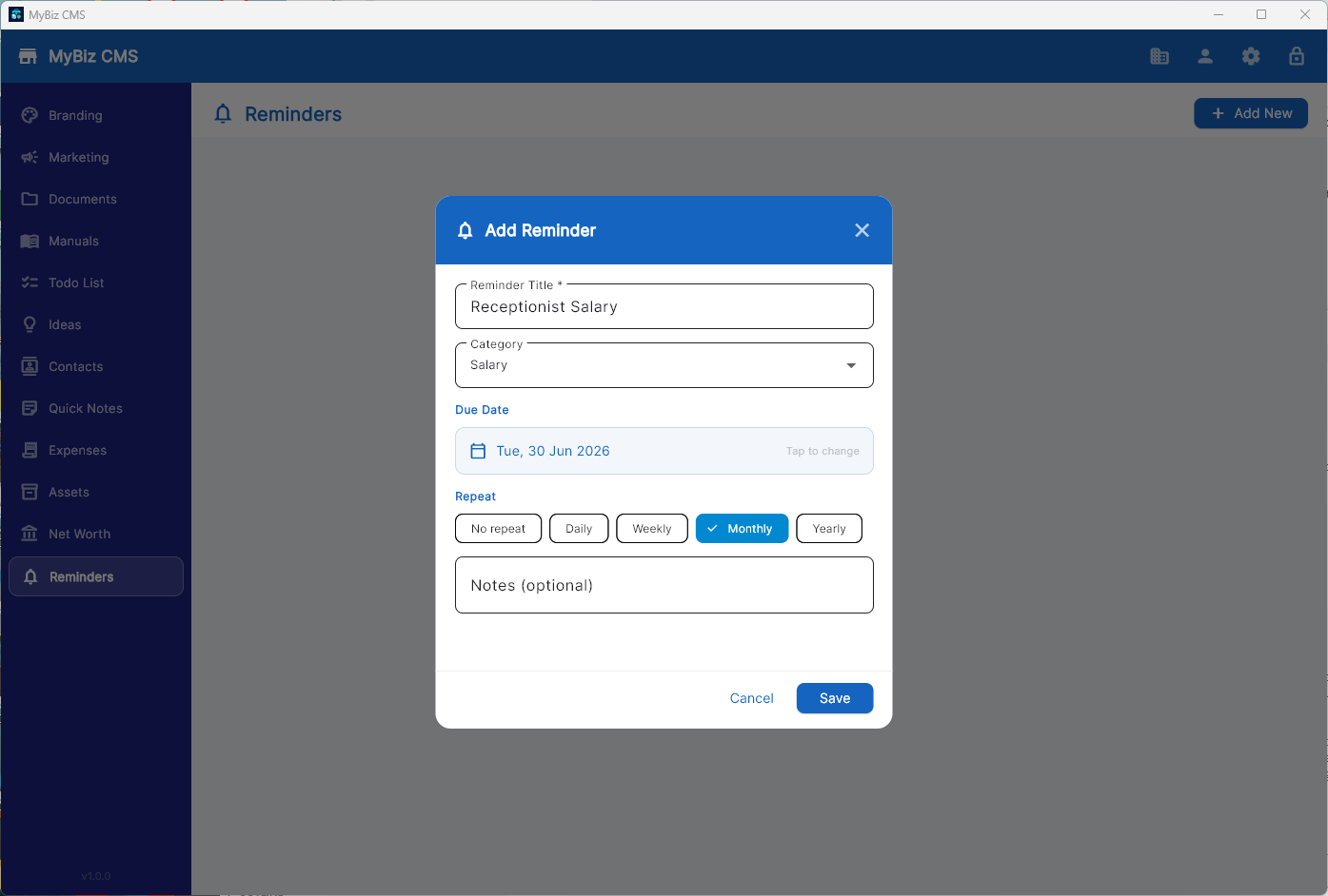 SmallBizzCMS — Reminders