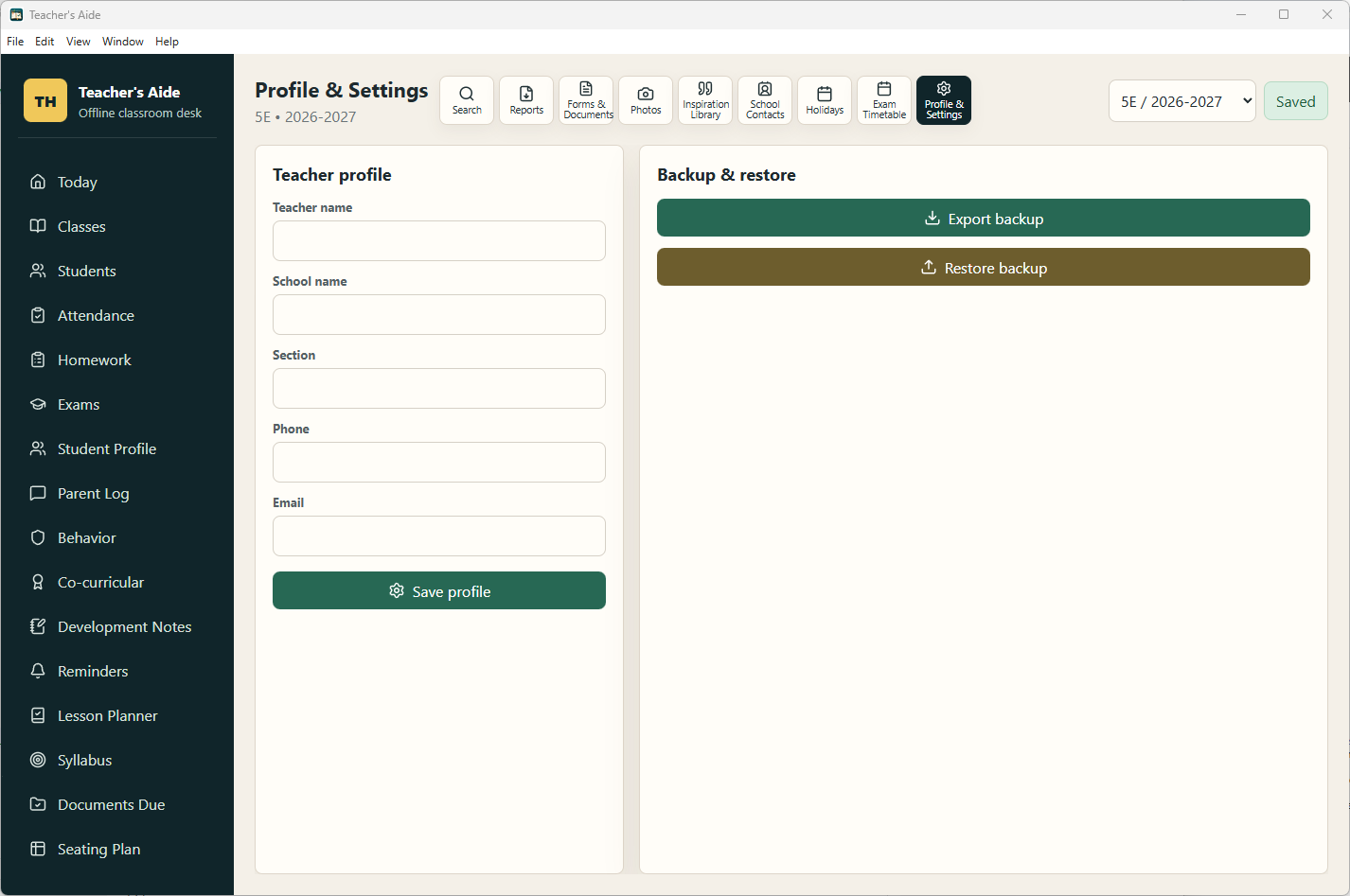 Teacher Profile and Settings