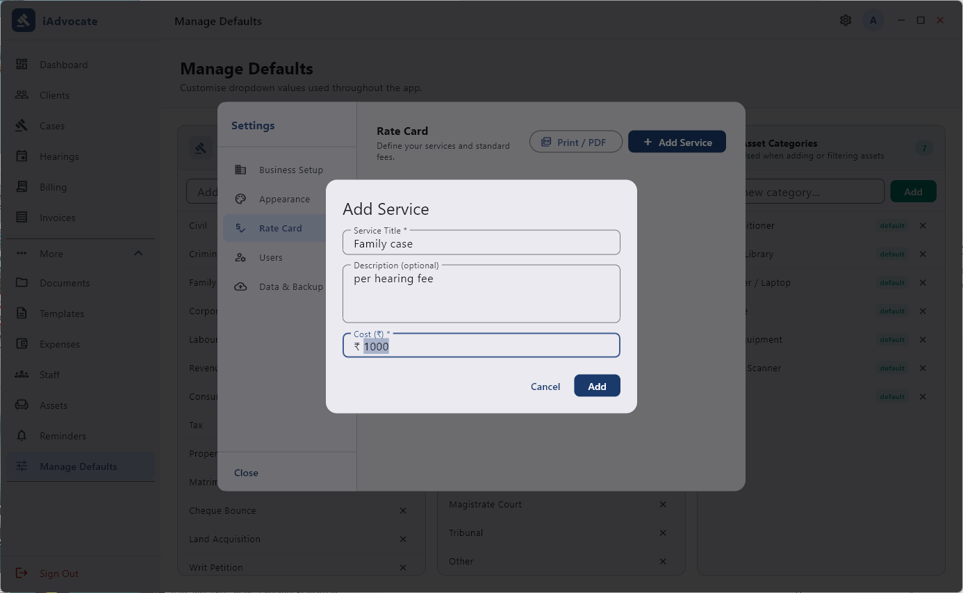 Rate Card in iAdvocate