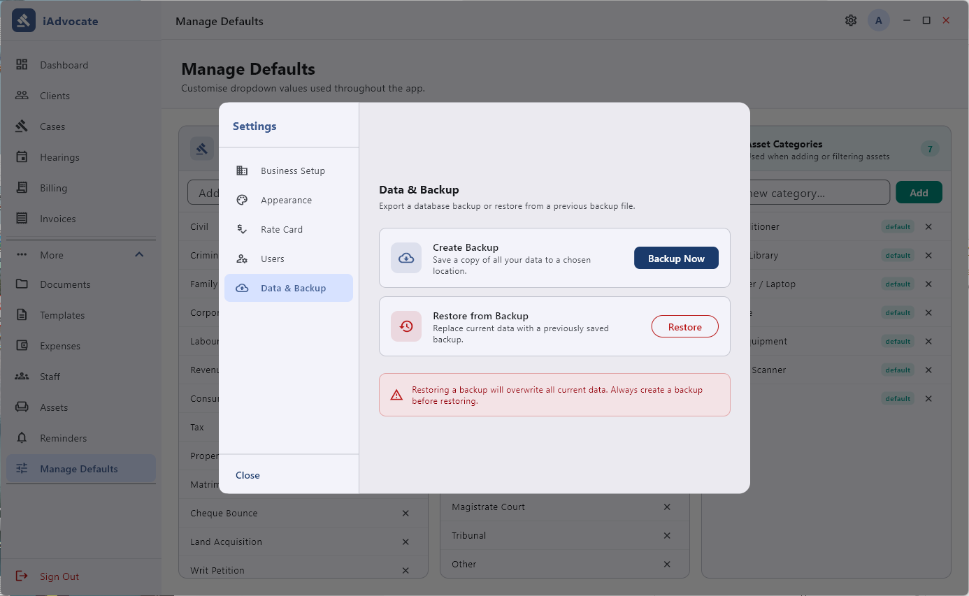 Settings in iAdvocate