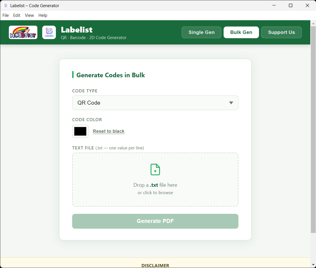 Labelist — bulk code generation from text file