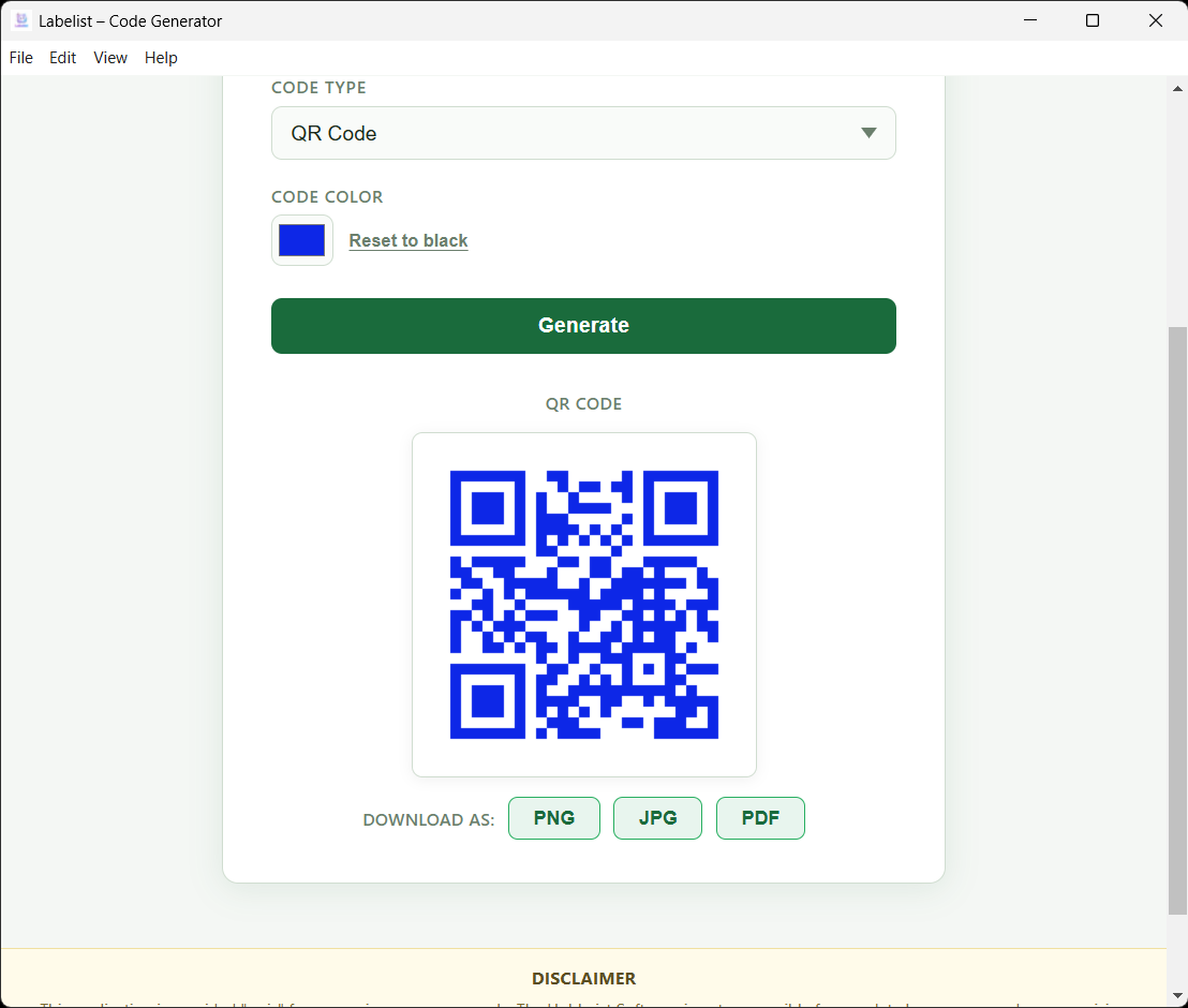 Labelist — generated QR code with download options